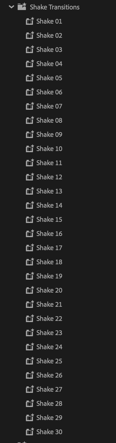 Pasta Shake Transitions mostrando os efeitos Shake 01 a Shake 30