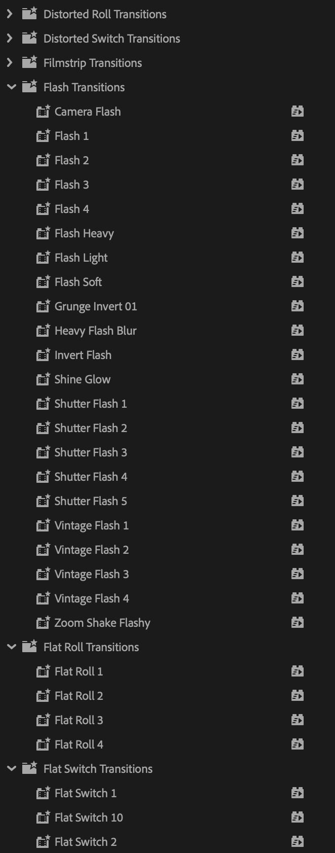 Pastas do pack: Distorted Roll, Distorted Switch, Filmstrip, Flash, Flat Roll e Flat Switch, com variações dos efeitos